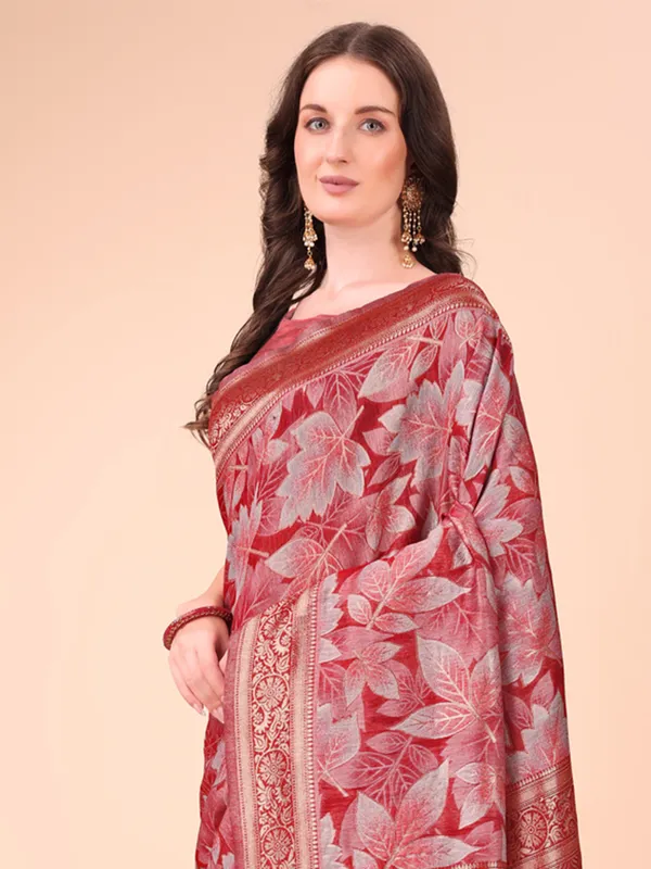 Red cotton silk saree with elegant unstitched blouse