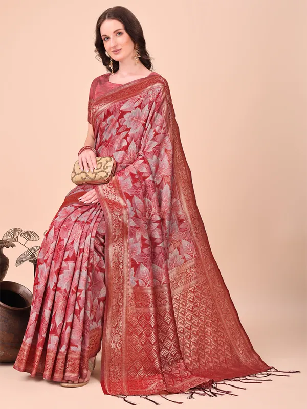 Red cotton silk saree with elegant unstitched blouse