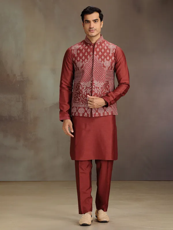 Red cotton silk waistcoat set for festive celebration