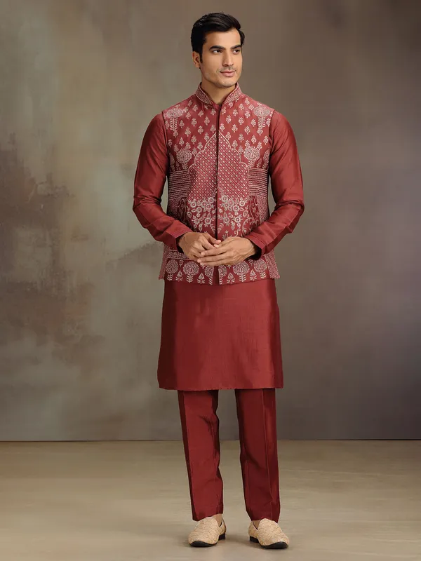 Red cotton silk waistcoat set for festive celebration