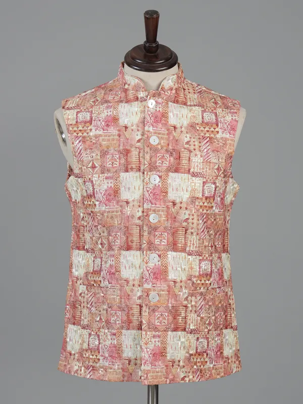 Red cotton silk waistcoat with thread work