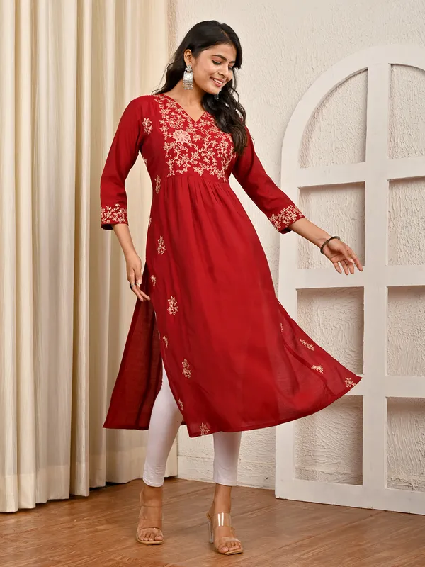 Red cotton silk yoke style thread and sequins kurti