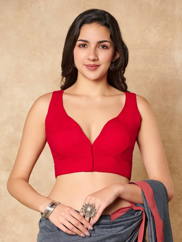 Red cotton sleeveless ready made blouse