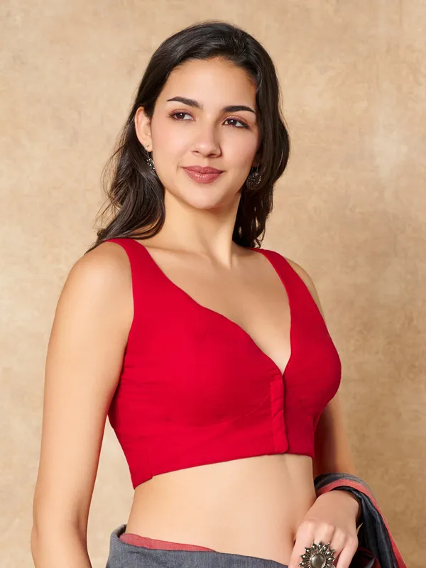 Red cotton sleeveless ready made blouse