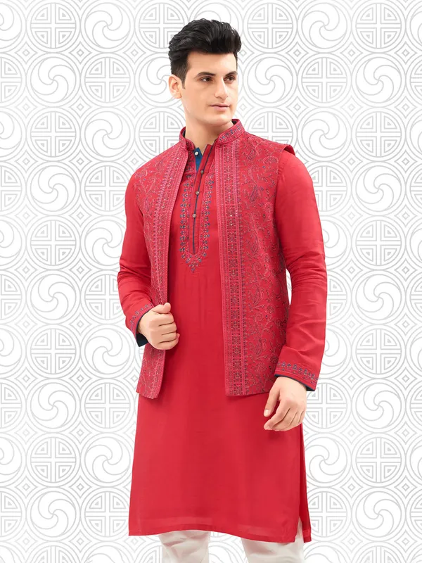 Red cotton wedding style waistcoat set for men