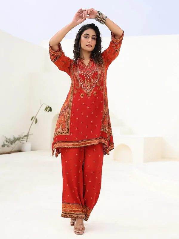 Red crepe printed kurti set