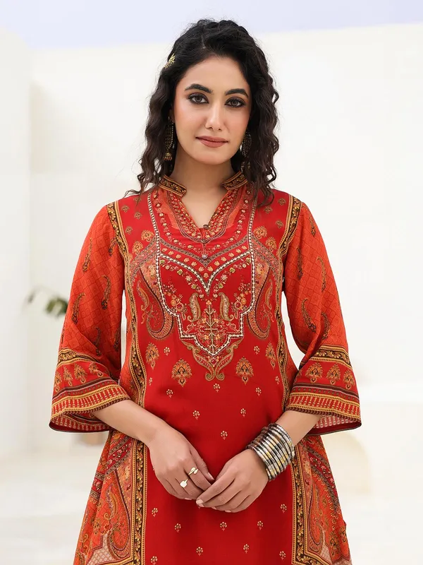 Red crepe printed kurti set