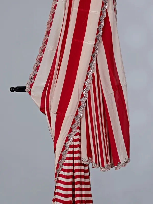 Red crepe silk saree with thread and mirror work