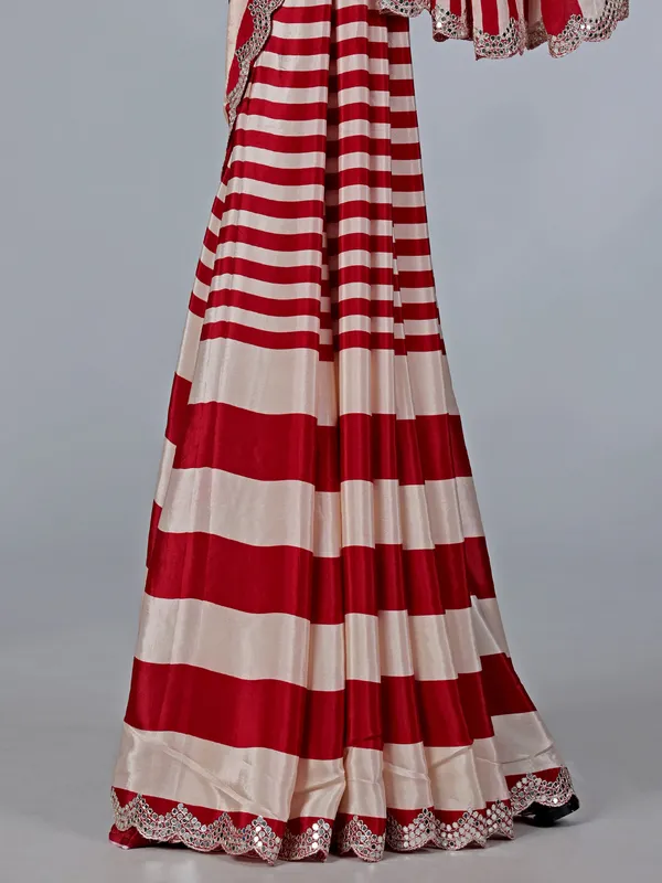 Red crepe silk saree with thread and mirror work