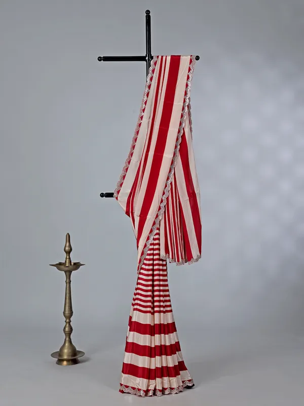 Red crepe silk saree with thread and mirror work
