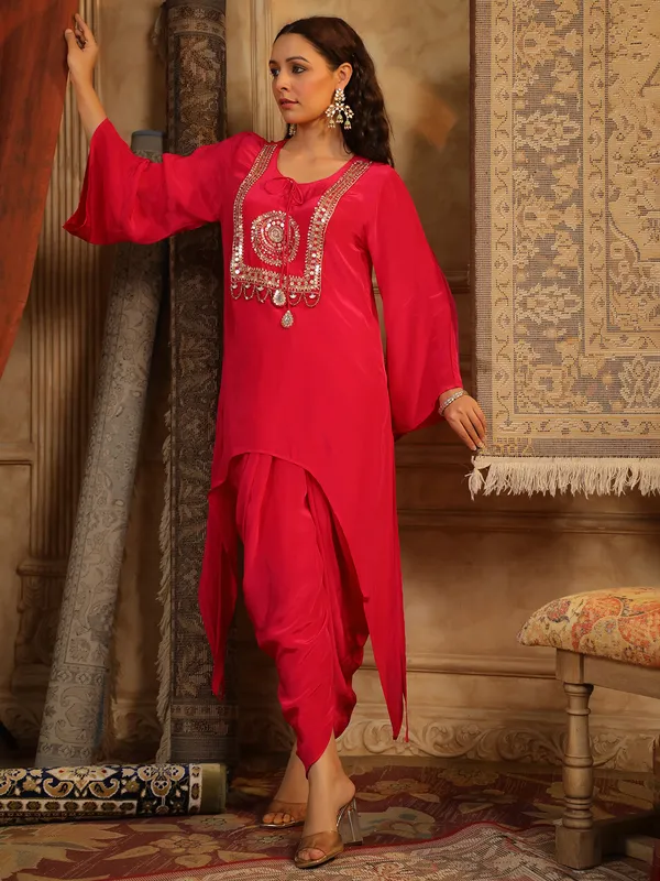Red dhoti kurti set in satin silk