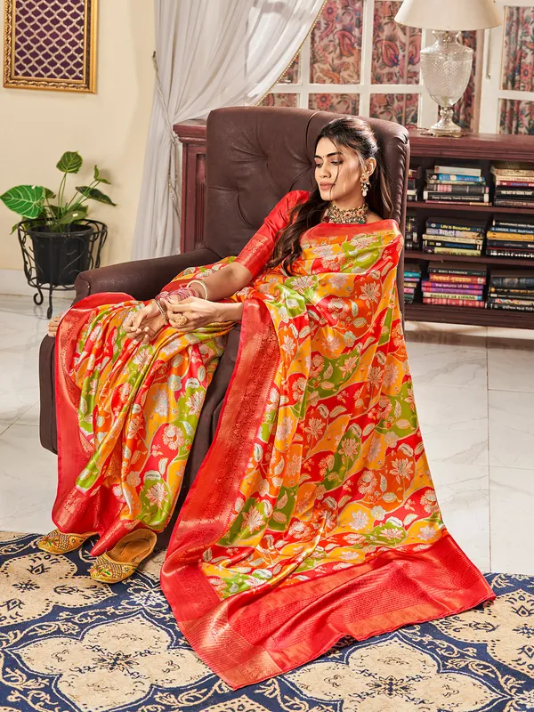 Red digital printed saree in satin