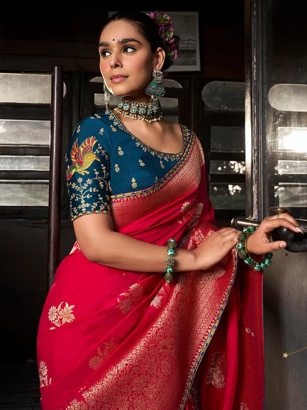 Red dola silk festive wear saree