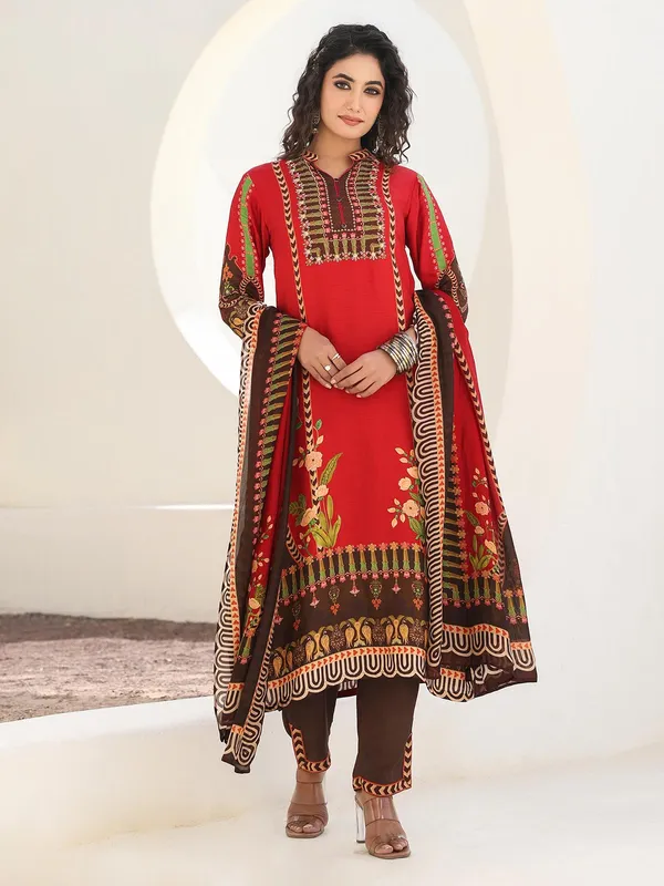 Red dola silk printed kurti set with dupatta