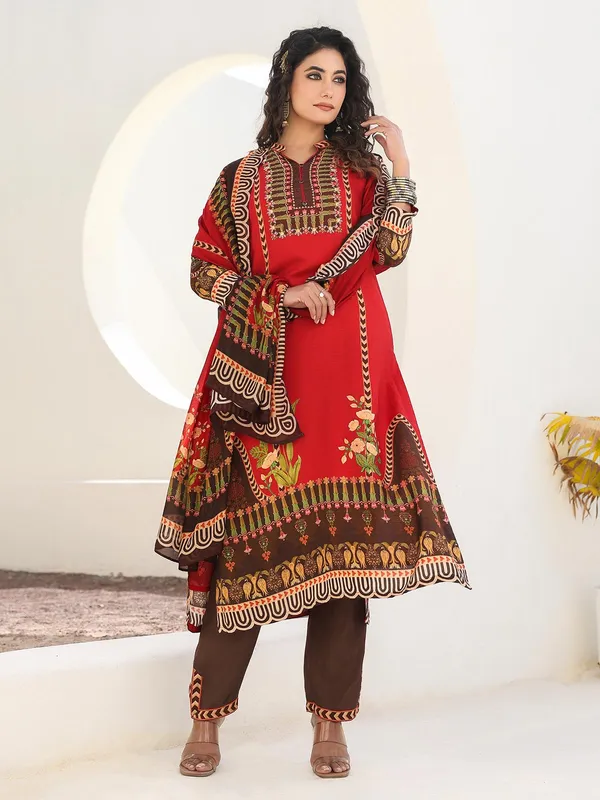 Red dola silk printed kurti set with dupatta