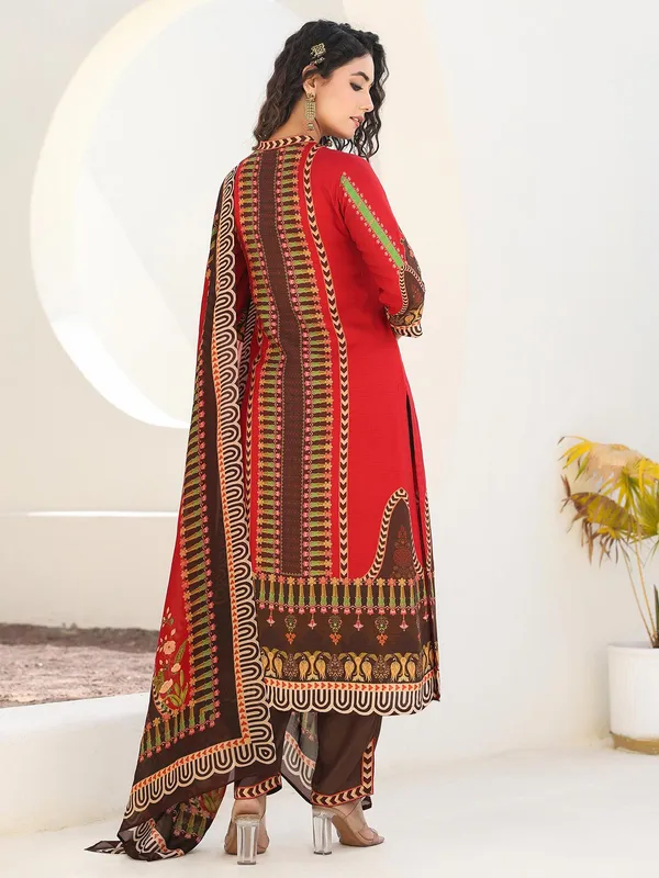 Red dola silk printed kurti set with dupatta