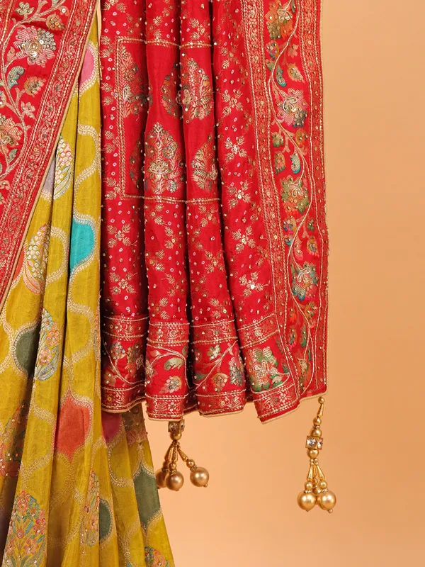 Red dola silk printed saree for women