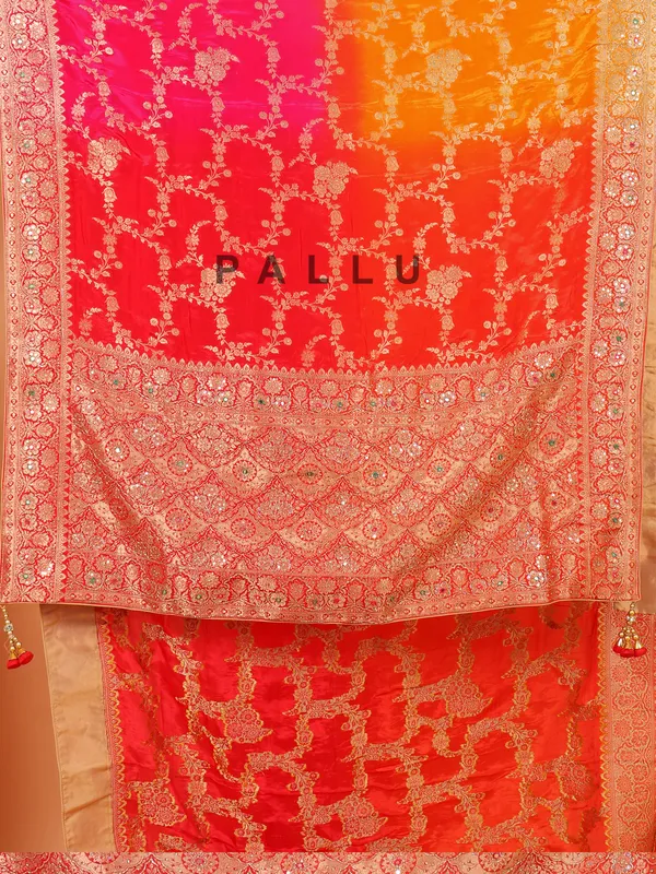 Red dola silk saree with unstitched blouse