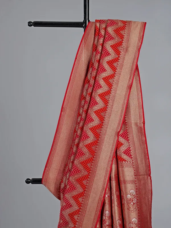 Red dola silk wedding wear saree with zigzag print