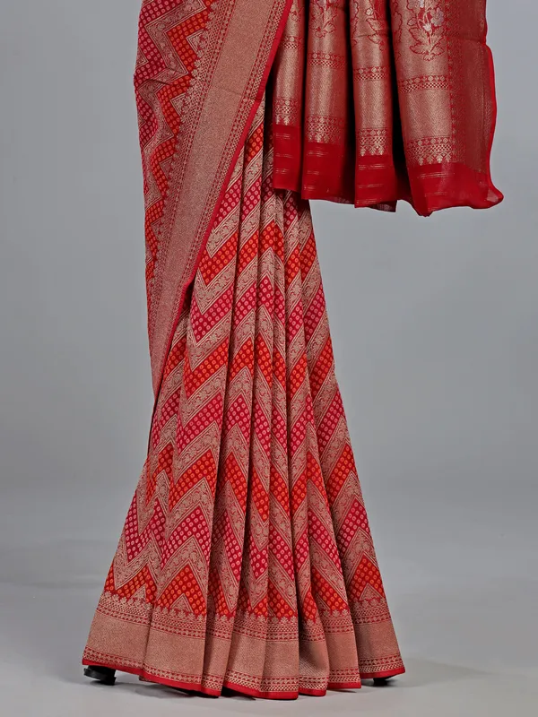 Red dola silk wedding wear saree with zigzag print
