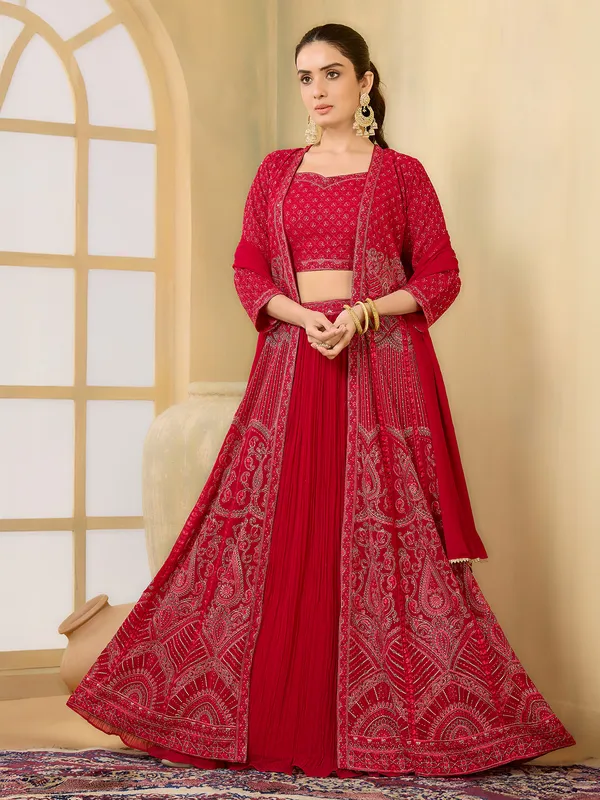 Red embroidered jacket style lehenga choli