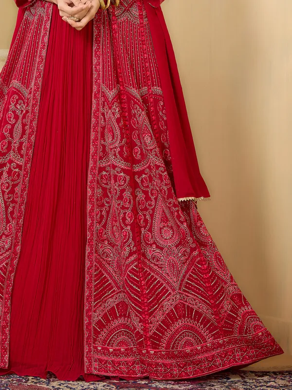 Red embroidered jacket style lehenga choli