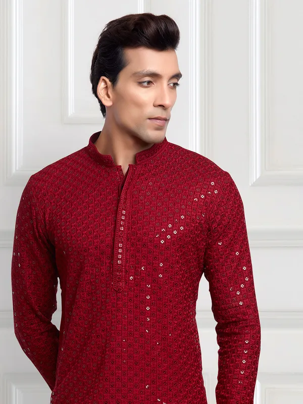 Red embroidery kurta with peshawari dhoti