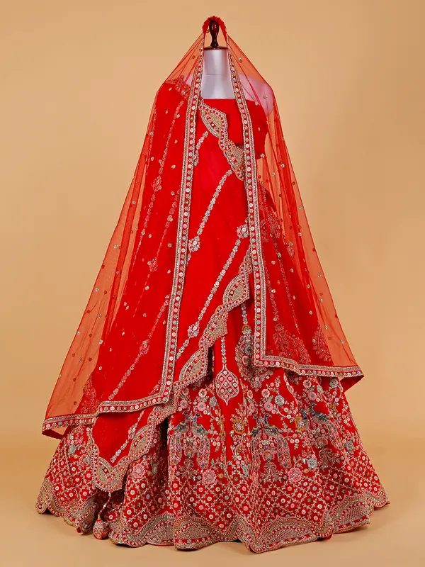Red embroidery raw silk lehenga choli