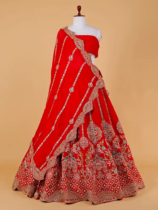 Red embroidery raw silk lehenga choli