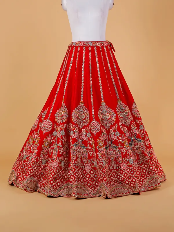 Red embroidery raw silk lehenga choli