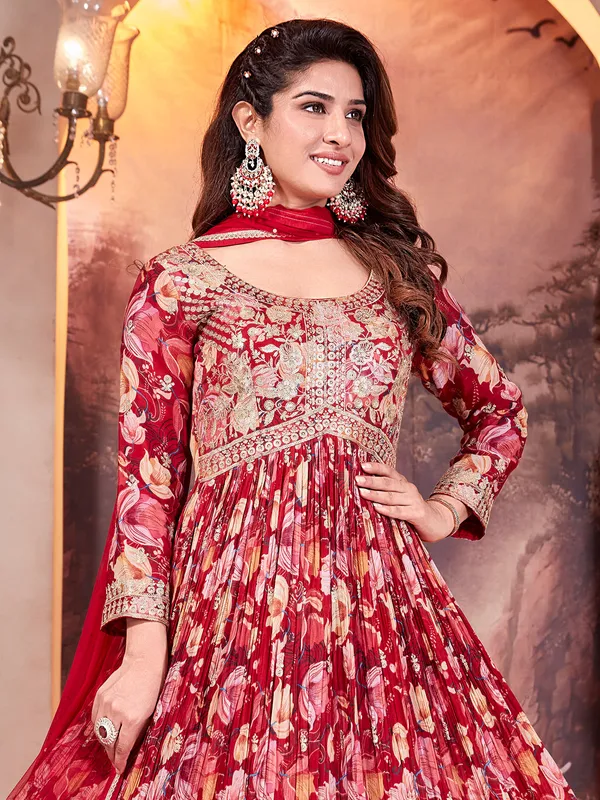 Red festive special silk anarkali suit
