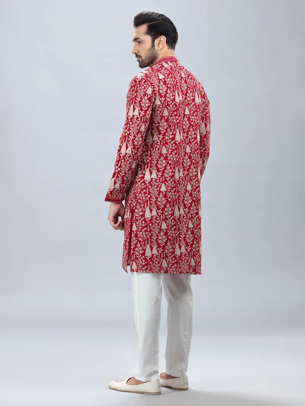 Red festive style embroidery kurta set for men