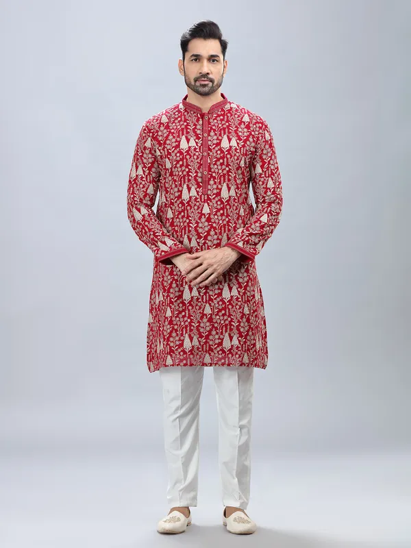 Red festive style embroidery kurta set for men