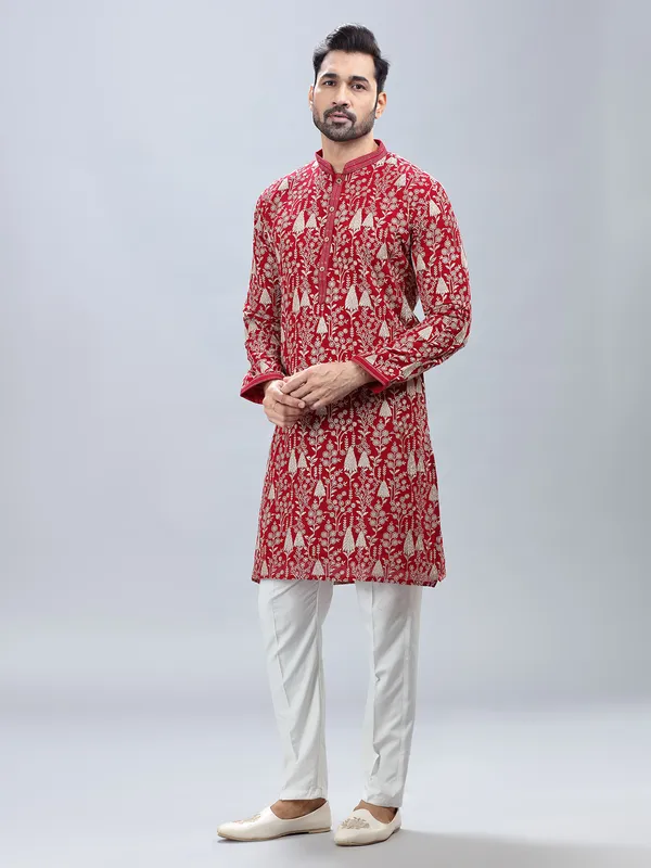 Red festive style embroidery kurta set for men