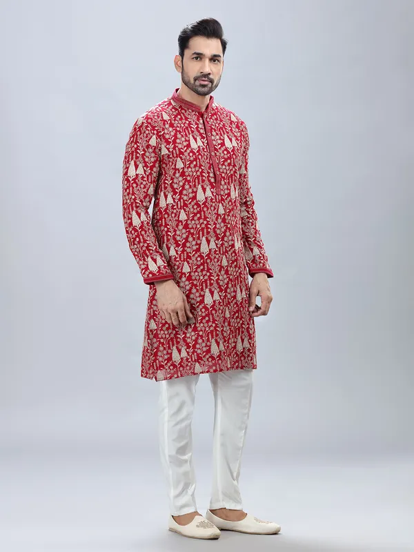 Red festive style embroidery kurta set for men