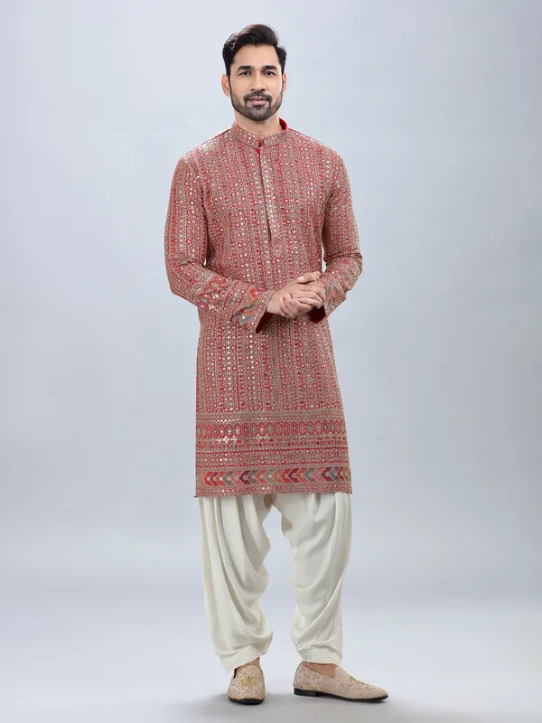 Red festive style embroidery kurta set with patiyala