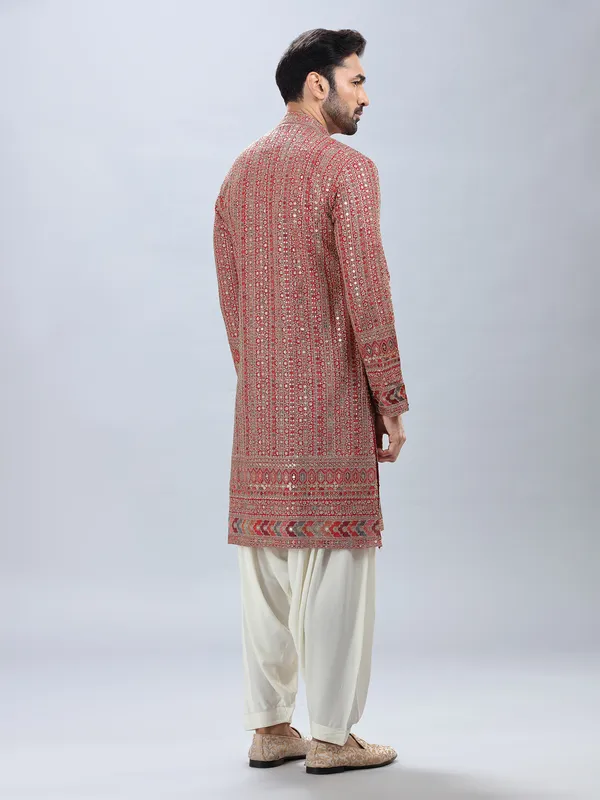 Red festive style embroidery kurta set with patiyala