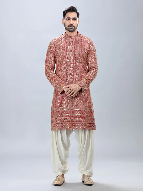 Red festive style embroidery kurta set with patiyala