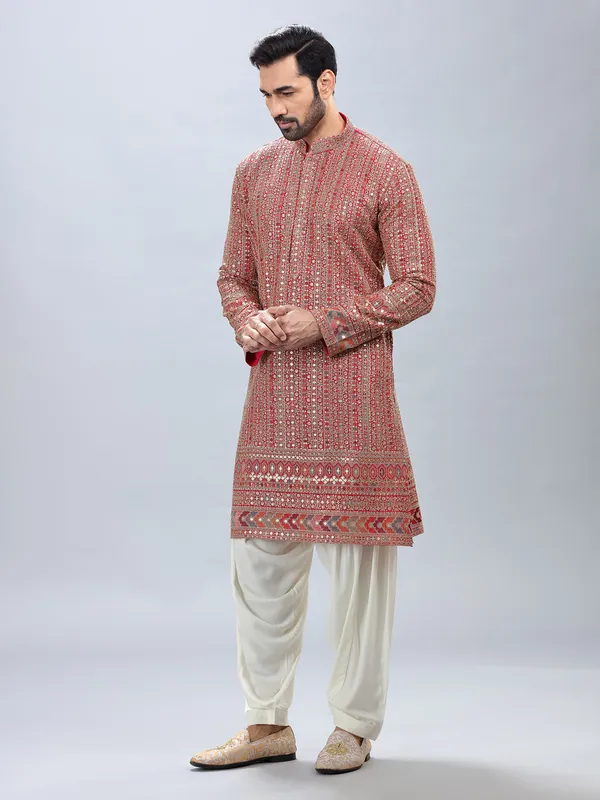 Red festive style embroidery kurta set with patiyala