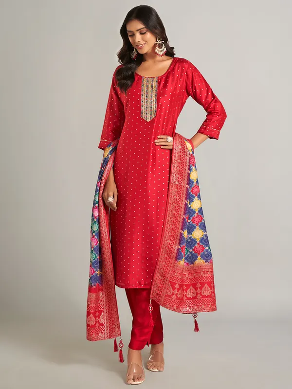 Red festive style silk salwar suit with dupatta