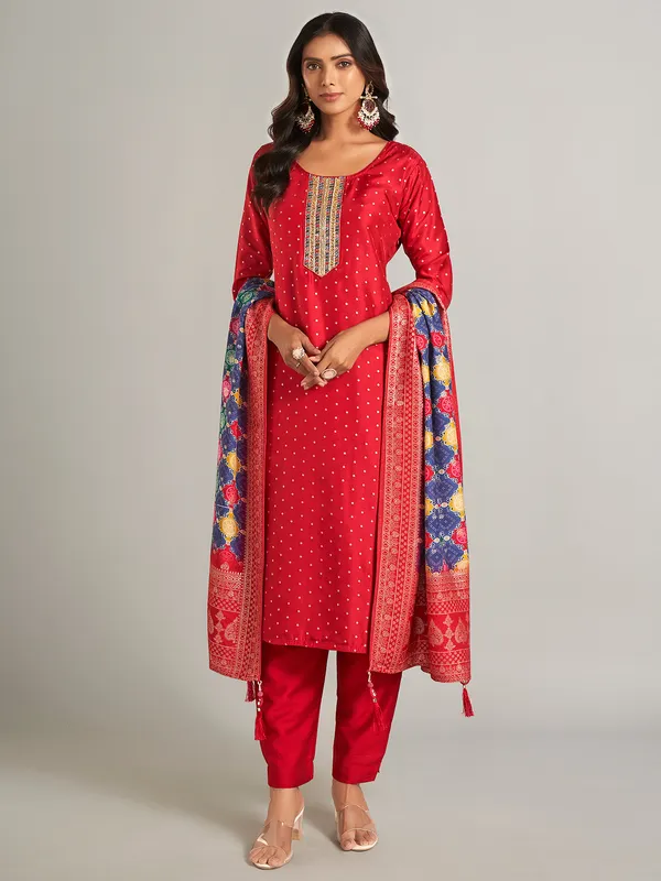 Red festive style silk salwar suit with dupatta