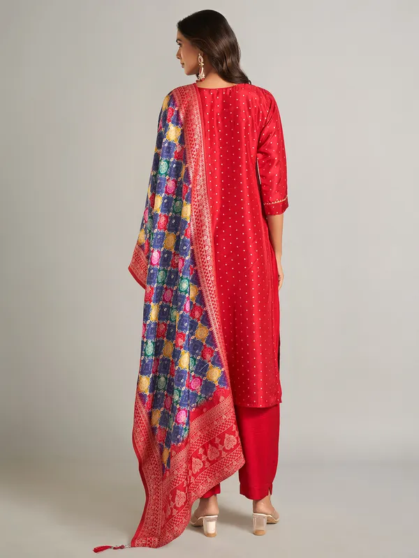 Red festive style silk salwar suit with dupatta