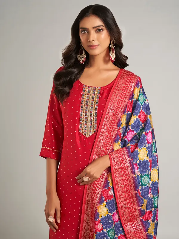 Red festive style silk salwar suit with dupatta