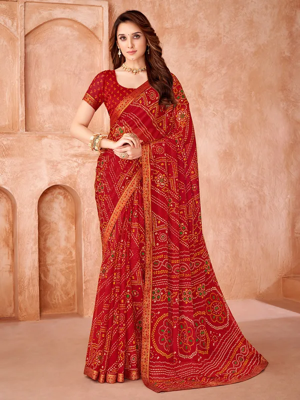 Red festive wear chiffon saree