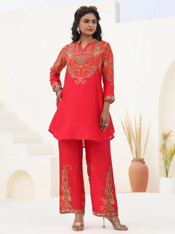Red festive wear printed kurti set in dola silk