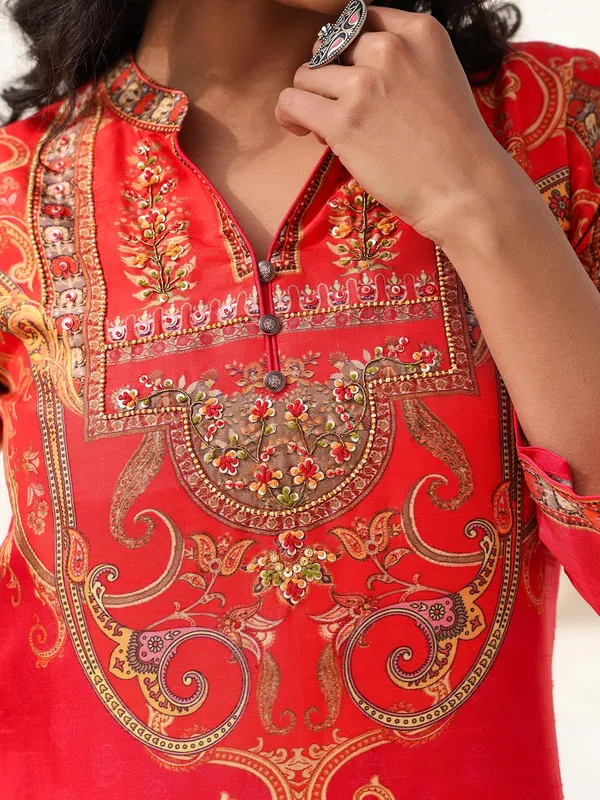Red festive wear printed kurti set in dola silk