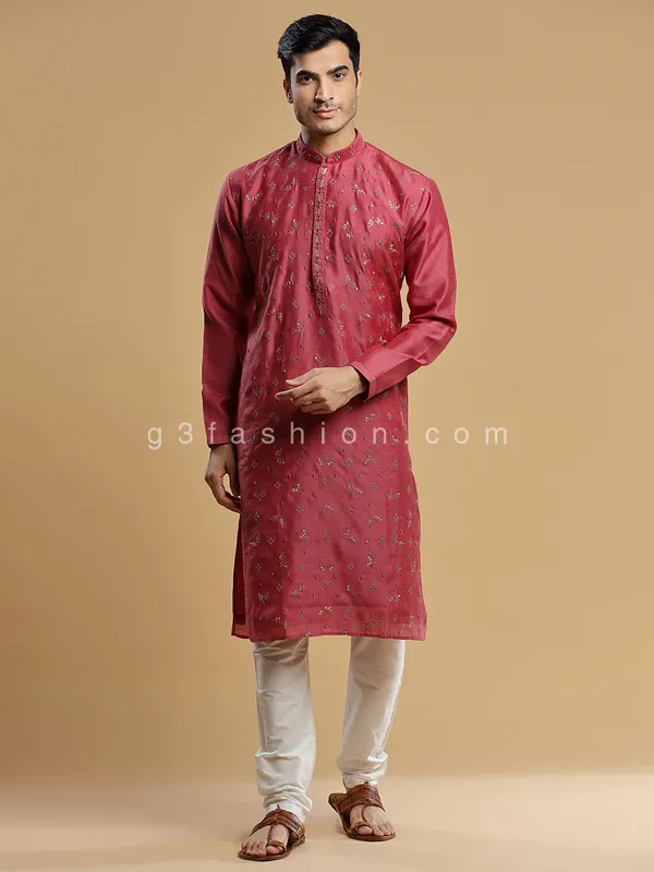 Red festive wear silk  Men Kurta pajama