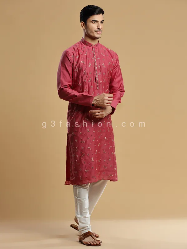 Red festive wear silk kurta suit