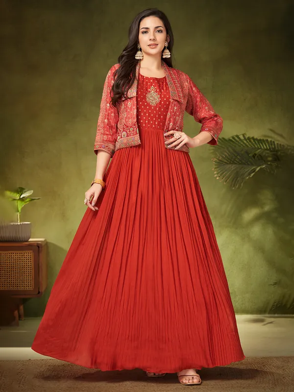 Red floor length anarkali with jacket