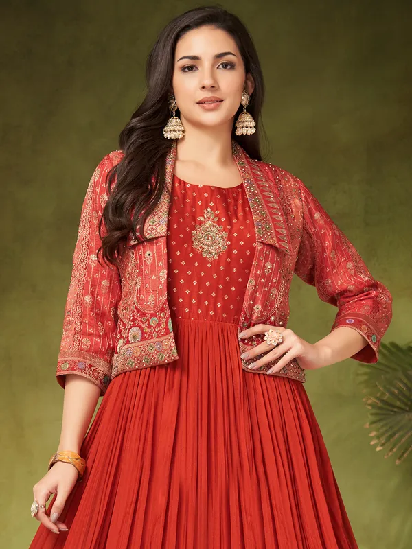 Red floor length anarkali with jacket